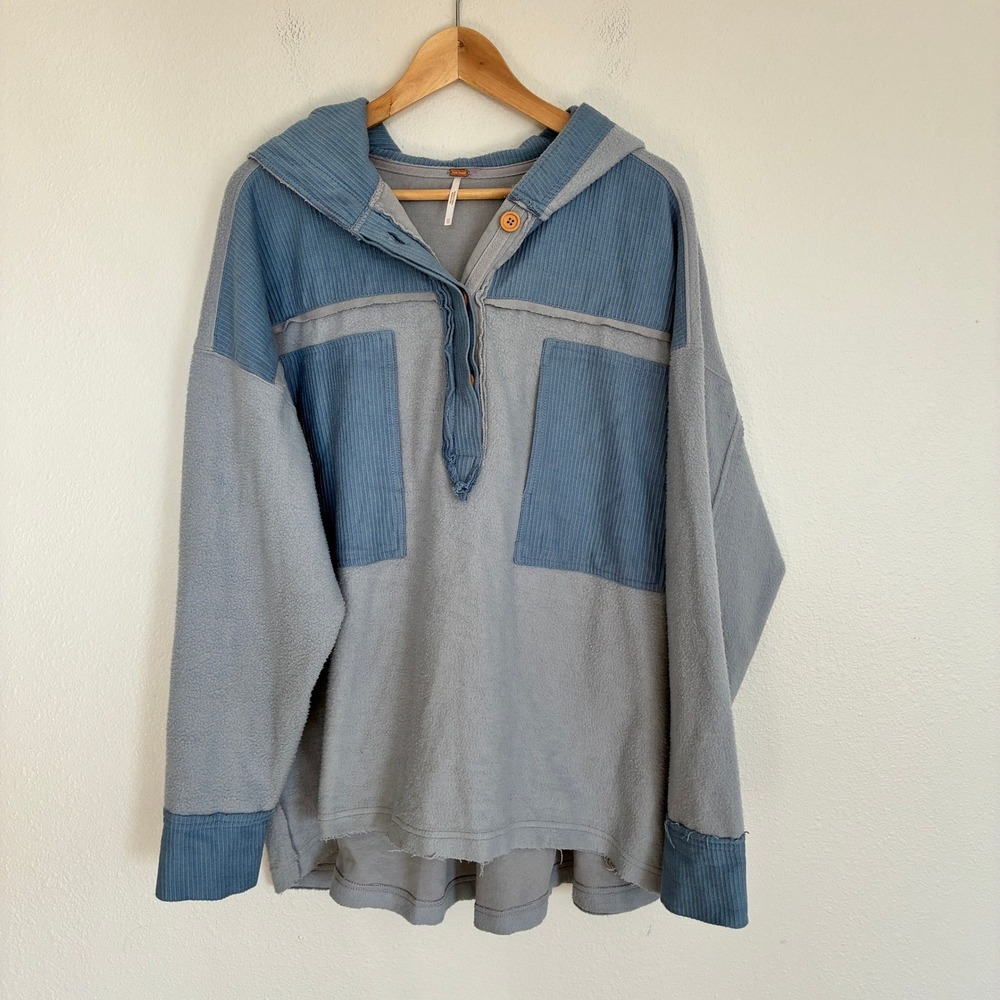 Free People Corie Hoodie Womens XS Blue Oversize Button Neck Fleece Grunge